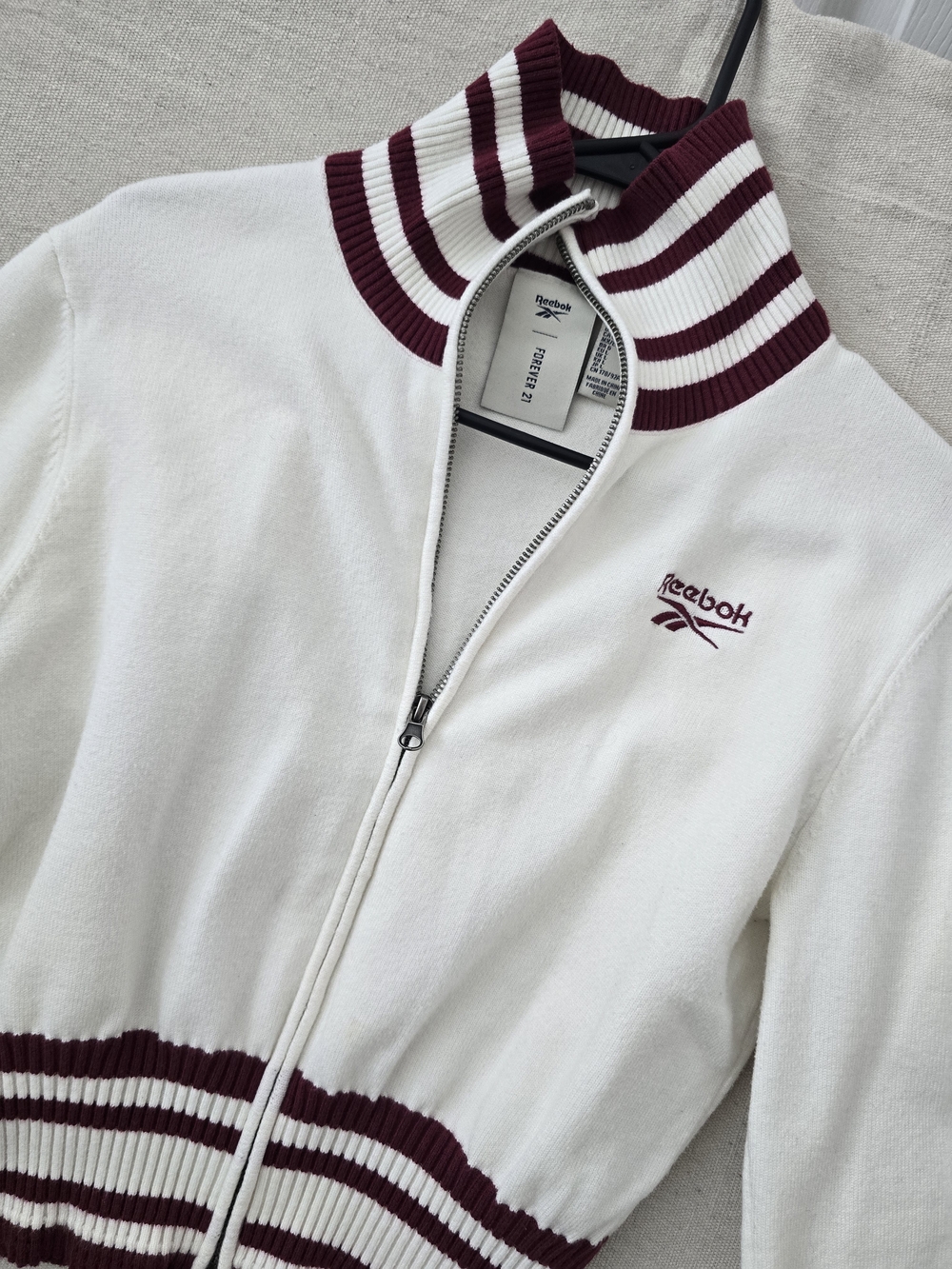 Reebok White Zip-Up Track Jacket with Maroon Stripes